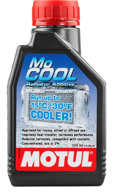 Embalagem do MoCool, aditivo desenvolvido pela Motul para o sistema de arrefecimento de veículos.